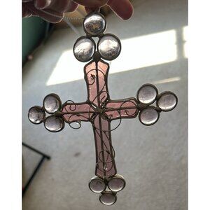 VTG Handmade Amethyst Purple Stained Glass Cross Sun catcher Wire Swirls 7x6